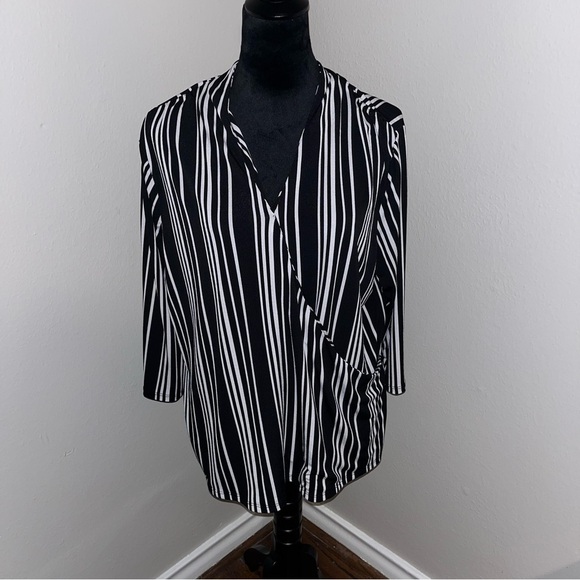 Adrianna Papell Tops - Adrianna Papell Faux Wrap Black & White Striped Shirt Size‎ 1X Women’s